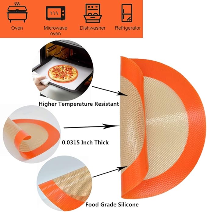 Round Silicone Baking Mats for 8 Inch Cake Pan, Food Grade, Non-Stick, Reusable Silicone Mat for Baking Pan for Bread/Tortilla/Macaron/Pastry/Pie/Bun or 9 Inch Pizza Pan, 2PCS