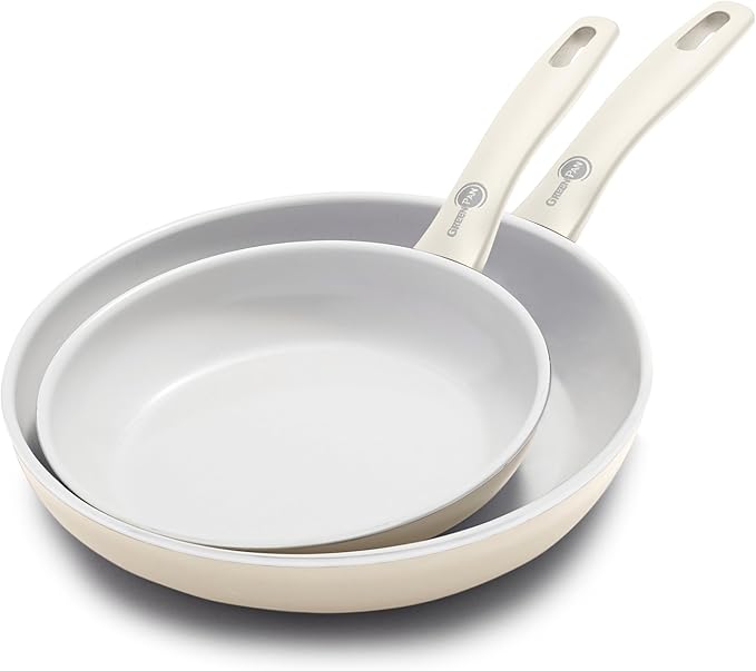GreenPan Dover 8” 10” 2 Piece Frying Pan Skillet Set, Non-Toxic PFAS-Free Ceramic Nonstick Coating, Sear Saute Fry Egg Omlete, Dishwasher & Oven Safe, Stay Cool Handle, Easy Pour Rims, Cream White