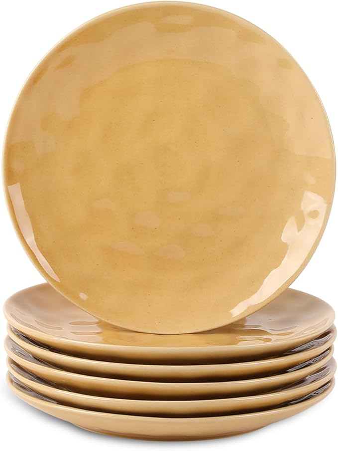 vicrays Ceramic Dessert Salad Plates, 8 Inch, Set of 6, Round, Microwave, Oven, and Dishwasher Safe, Scratch Resistant, Porcelain Fluted Suitable for Snacks, Appetizer, Home, Restaurant (Yellow)