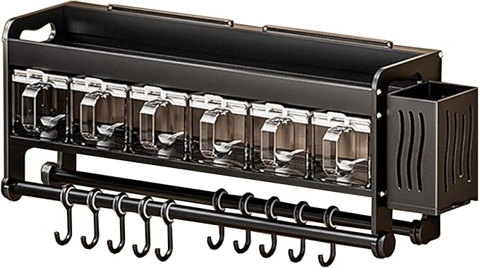 Hanging Wall Mount knife Wall Mount,Condiment Cup, Space-Saving Knife Rack with Hooks, Kitchen Organizer Storage Shelf for Utensils Spatula Spoon, Kitchen Utensil Hanger (Black, 40cm+5Cups+8Hooks)