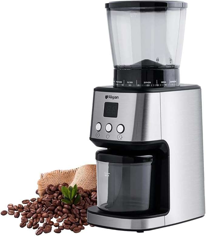Stainless Steel Burr Coffee Grinder with 51 Grind Settings，Grind Timer,Electric Coffee Grinder for Espresso/Drip/Pour Over/Cold Brew/French Press Coffee Maker，120V/165W