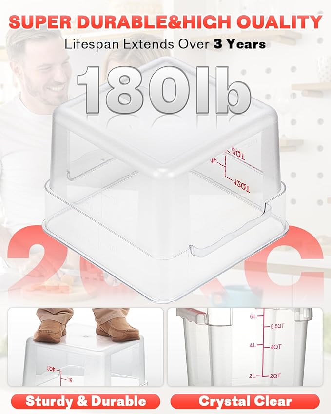 4QT NSF Food Storage Containers: 8 PCS [Food Grade][Hot&Cold Resistant] Commercial Clear Square Food Storage Containers with Scales Handles for Home Restaurant Kitchen Proof Dough (Red)