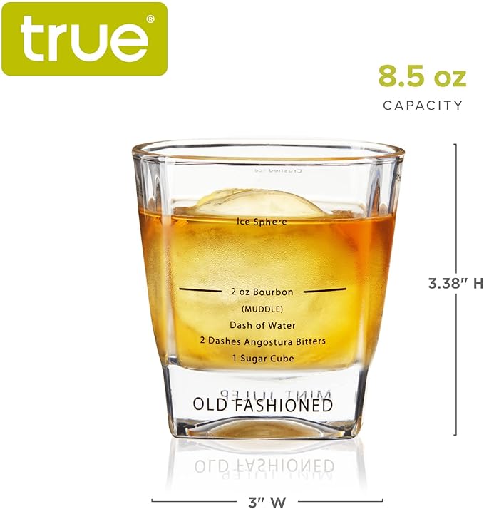TRUE Cocktail Rocks Glasses with Recipes for Old Fashioned, Mojito, Mint Julep & Caipirinha, Old Fashioned Glasses, Bar Glassware, 8.5 oz, Set of 4