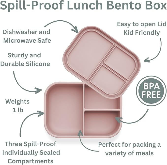 Ali+Oli Silicone Bento Box (Rose) Lunch Box for Kids, Toddlers, Preschoolers & Adults | BPA-Free and Spill-Proof | Ideal for School, and On-the-Go Meals| Perfect for Lunch, Snacks, and Meals