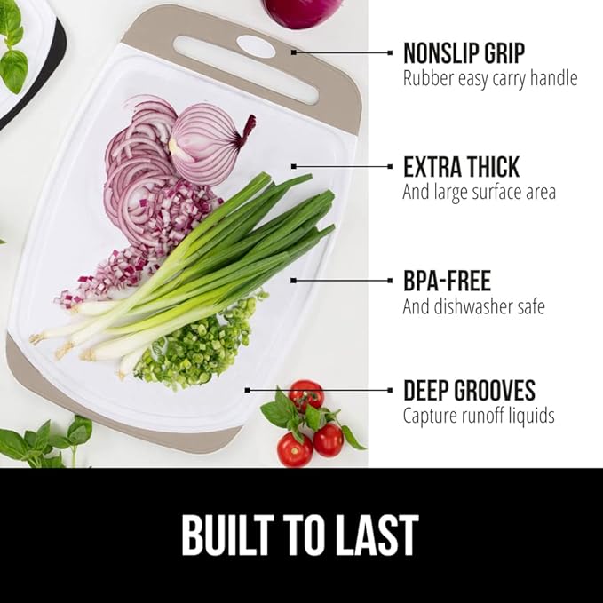 GORILLA GRIP BPA-Free Reversible Kitchen Cutting Board Set of 3, US Designed, Nonporous, Juice Grooves Catch Liquid, Slip Resistant Border, Dishwasher Safe, Durable Large Food Chopping Boards, Almond