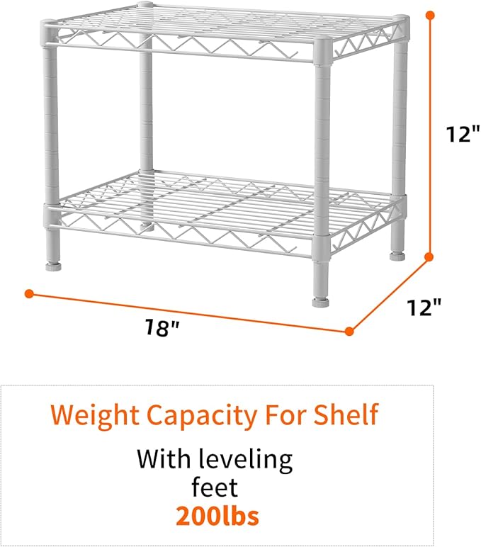 SINGAYE 2 Small Shelves Kitchen Storage Shelf Wire Shelving Unit Metal Shelf Adjustable Organizers Storage Shelving for Office Pantry White 12" D X 18" W X 12" H