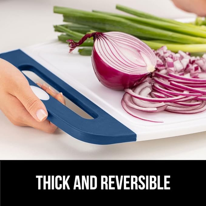 GORILLA GRIP BPA-Free Reversible Kitchen Cutting Board Set of 3, US Designed, Nonporous, Juice Grooves Catch Liquid, Slip Resistant Border, Dishwasher Safe Large Food Chopping Boards, Red Blue Green