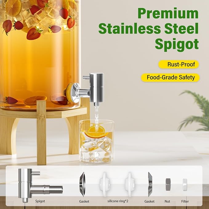 1.2 Gallon Glass Drink Dispenser For Parties, Beverage Dispenser With Bamboo Wood Stand And Stainless Steel Spigot, Countertop Water Dispenser, Lemonade Dispenser For Wedding, Picnic (2PACK)