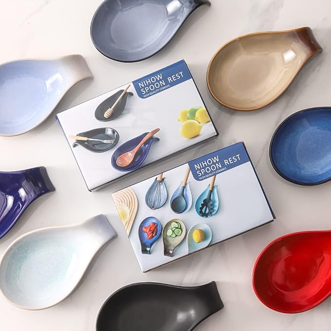 Nihow Ceramic Spoon Rest: 4 Inch Stable Utensil Rest - Heat Resistant Spoon Holder for Kitchen counter/Countertop/Stove Top - Dishwasher Safe - Elegant Red (1 PC)