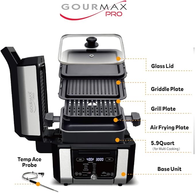Foodgenie Gourmax Pro One Cooking Device - All-in-One Oven, Smokeless Grill, Air Fryer, Griddle, Cooker & More – 16 Preset Functions, Smart Temperature Control, Dual Surface, Dishwasher Safe, 1500W