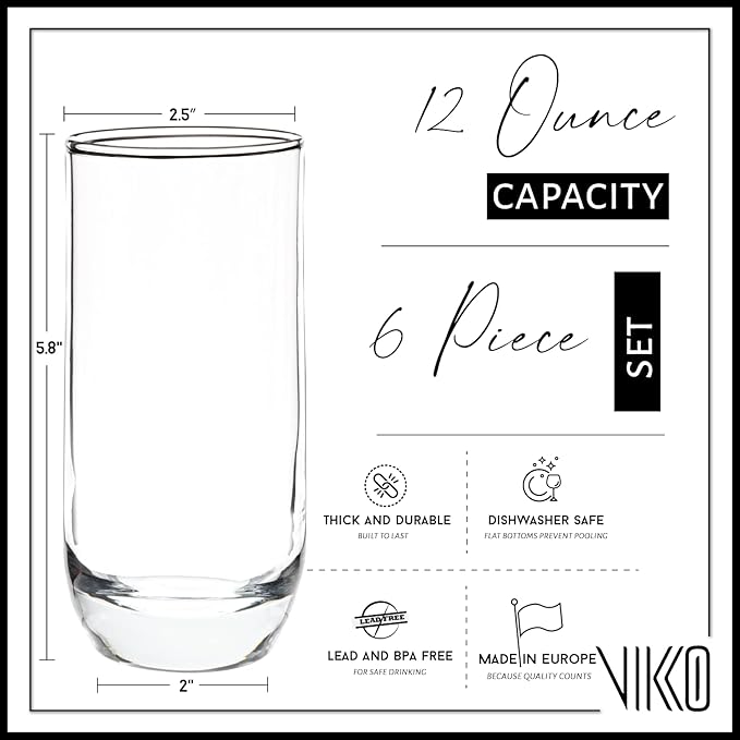 Vikko Drinking Glasses, 12 Oz Drinking Glasses Set of 6, Crystal Clear Glass Cups for Water or Juice, Highball Glass Tumbler & Water Glasses for Drinking
