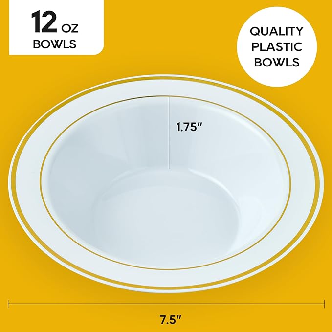 JOLLY PARTY 50PCS Plastic Bowls with Gold Rim-12oz disposable Soup Bowls, Christmas Thanksgiving Premium Dessert Salad Bowl for Wedding/Party