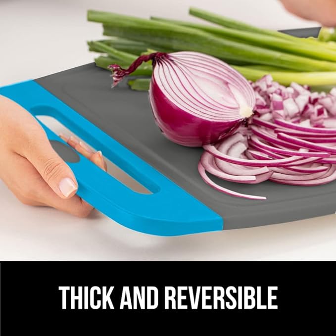 GORILLA GRIP BPA-Free Reversible Kitchen Cutting Board Set of 3, US Designed, Nonporous, Juice Grooves Catch Liquid, Slip Resistant Border, Dishwasher Safe, Durable Food Chopping Boards, Aqua Gray