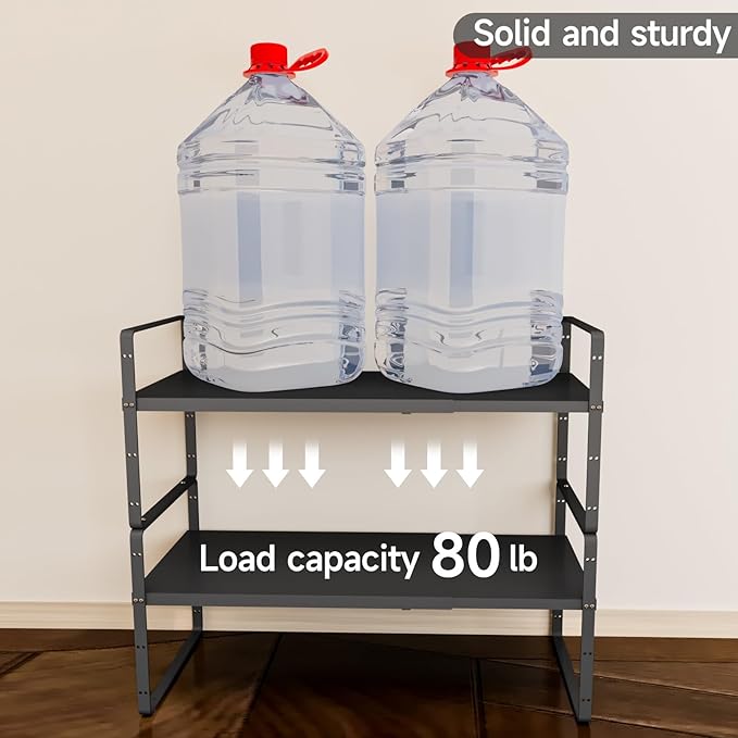 16.5-27’’L Expandable Kitchen Shelf Organizer, Stackable Shelves Organizer, Adjustable Height Pantry Spice Rack for Cabinet, Countertop, Pantry and Cupboard, Black