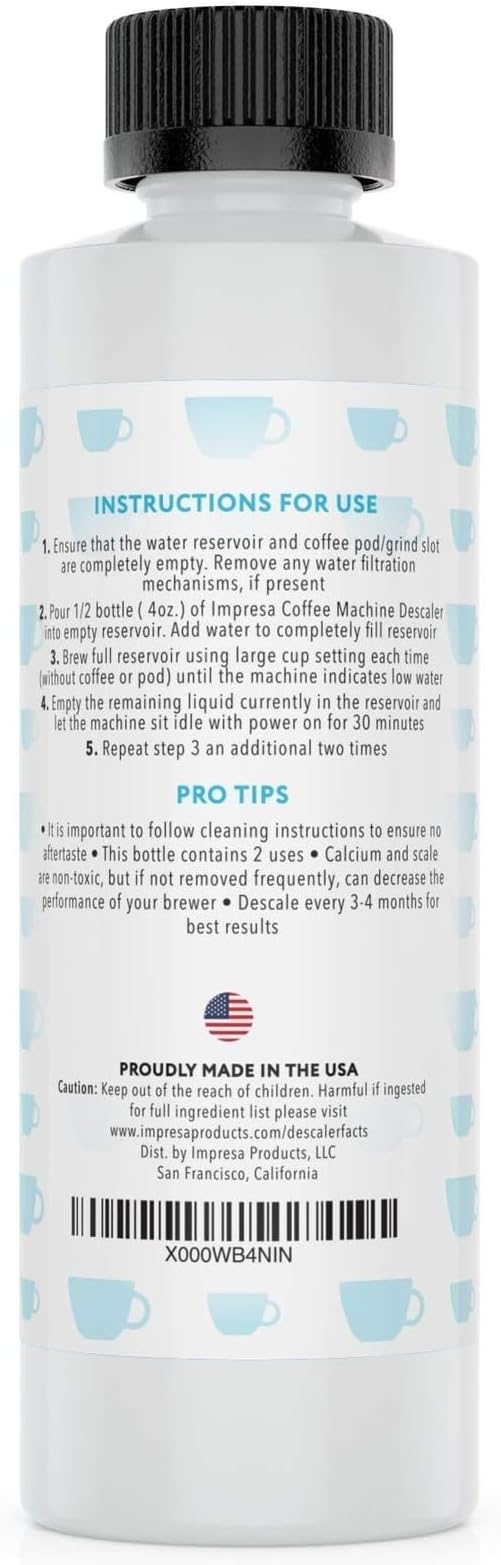 IMPRESA Coffee Machine Descaler (2 Uses Per Bottle) - Made in the USA - Universal Descaling Solution, Compatible with Nespresso, Delonghi and All Single Use Coffee and Espresso Machines