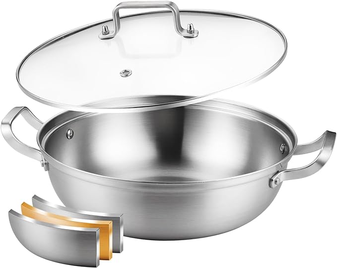 DELARLO Tri-Ply Stainless Steel 12 inch Everyday Pan with Glass Lid, Deep Saute Pan, Kitchen Everything Pan, High Side Chef's Pans, Induction Cooking Pot, Dishwasher Safe, 4QT Stock Pot Up To 600℉