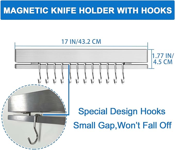 17 Inch Magnetic Knife Holder for Refrigerator with 12 Hooks - Double Sided Magnetic Knife Strip for Fridge - Premium Magnetic Knife Bar Rack - 304 Stainless Steel Kitchen Utensil Hanger