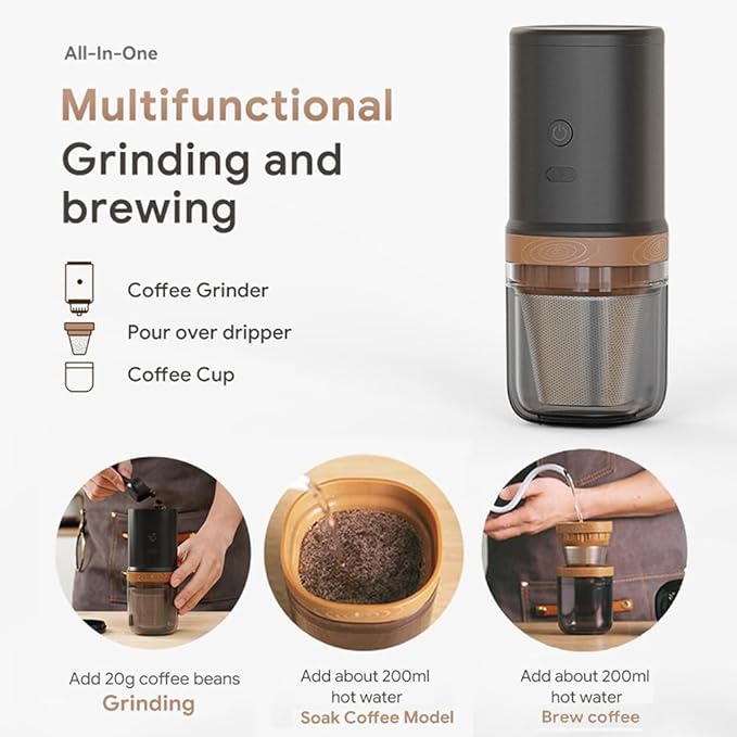 2-IN-ONE Compact Electric Burr Coffee Grinder Durable SUS420 Stainless Steel Grinding Core | Double Brewing Model | One Press | USB Charging Electric Coffee Grinder Mini Camping