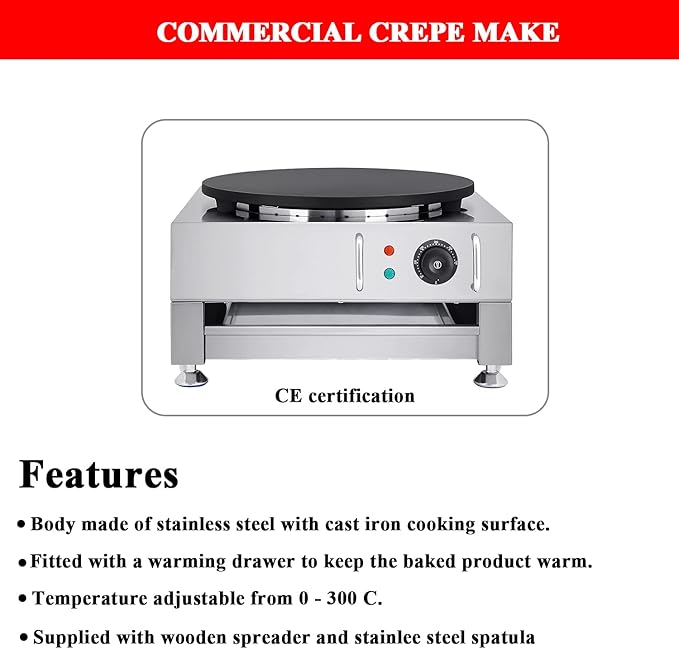 Electric Crepe Maker 16 Inch Large Pancake Machine Crepes Griddle With Wooden Spreader And Spatula