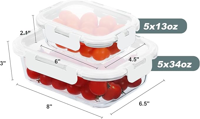 10 Pack Glass Food Storage Containers, Meal Prep Containers with Lids, Airtight Glass Lunch Boxes, Freezer, Oven, and Microwave Safe, White