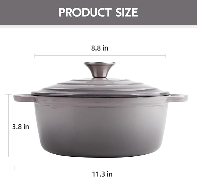 3 Quart Dutch Oven Enameled Cast Iron with Lid - Big Dual Handles - Oven Safe up to 500°F - Classic Round Pot for Versatile Cooking Light Gray