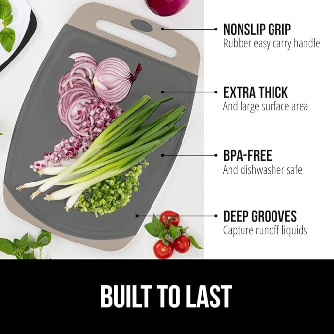 GORILLA GRIP BPA-Free Reversible Kitchen Cutting Board Set of 3, US Designed, Nonporous, Juice Grooves Catch Liquid, Slip Resistant Border, Dishwasher Safe, Durable Food Chopping Boards, Almond Gray