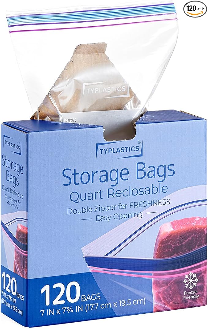TYPLASTICS Quart Food Storage Zip Bags, 120 Count, Double Zipper, Easy Open Design, Reclosable