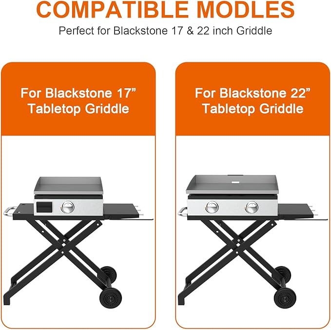 Portable Grill Cart for Blackstone 17 Inch & 22 Inch Table Top Griddles, Folding Cart Griddle Stand with Side Shelf for Blackstone 17" 22" Grills, Backyard, Camping and Outdoor Cooking