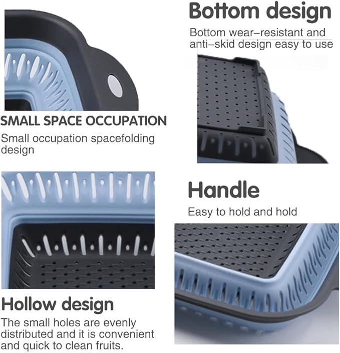 Collapsible Colander Set, Square Round Triangles Silicone Kitchen Strainer Perfect for Draining Pasta Vegetable fruit 2 PCS (10.8"L x 8.6"W x 2"H, Blue & Gray)