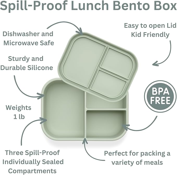 Ali+Oli Silicone Bento Box (Pine) Lunch Box for Kids, Toddlers, Preschoolers & Adults | BPA-Free and Spill-Proof | Ideal for School, and On-the-Go Meals| Perfect for Lunch, Snacks, and Meals