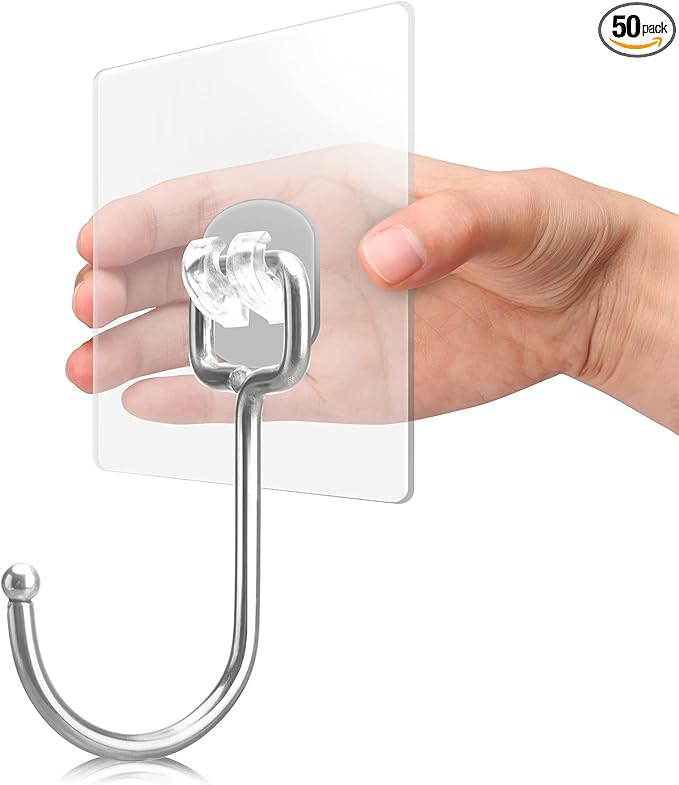 50 Pack Clear Adhesive Hooks, 37lb(Max) Heavy Duty Self Adhesive Hooks, Sticky Wall Hook with No Damage and Quick Assembly, Waterproof Bathroom Kitchen Wall Accessories Hanger and Holder