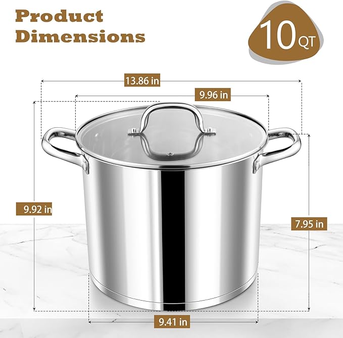 P&P CHEF 10 Quarts Cooking Stock Pot with Lid, Stainless Steel Stockpot Induction Pot for Soup, Tri-Ply Bottom & Clear Glass Lid & Double Handle, Dishwasher Safe