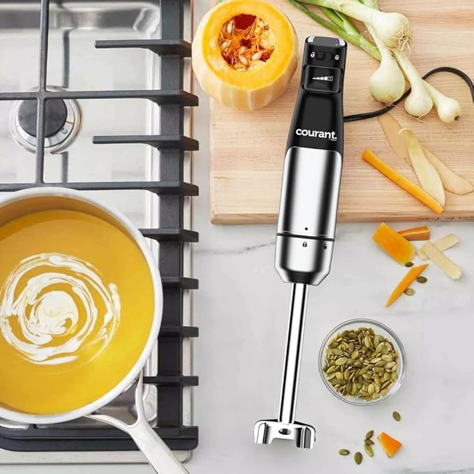 Courant Immersion Handheld Blender,4 in 1 400W Stick Blender, Variable Speed Stainless Steel Blades, Blending shaft Whisk,Chopper,Masher, Beaker Stainless Steel, LED Display