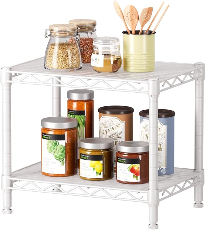 SINGAYE 2 Small Shelves Kitchen Storage Shelf Wire Shelving Unit Metal Shelf Adjustable Organizers Storage Shelving for Office Pantry White 12" D X 18" W X 12" H