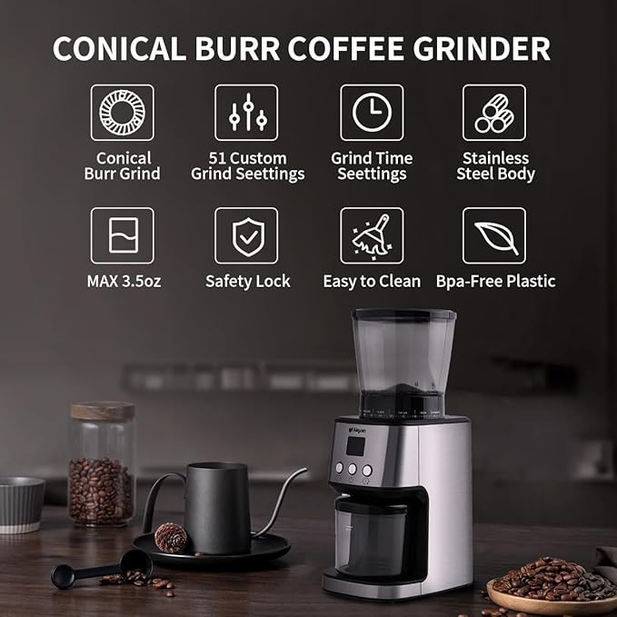 Stainless Steel Burr Coffee Grinder with 51 Grind Settings，Grind Timer,Electric Coffee Grinder for Espresso/Drip/Pour Over/Cold Brew/French Press Coffee Maker，120V/165W