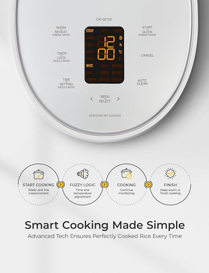 CUCKOO CR-0675FW 6-Cup (Uncooked) / 12-Cup (Cooked) Micom Rice Cooker with Nonstick Inner Pot, 13 Menu Modes, LCD Display, Fuzzy Logic Tech, Auto Clean (White)