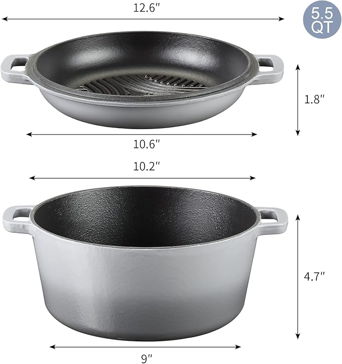 5Qt Dutch Oven, 2-In-1 Enamel Cast Iron Dutch Oven Pot with Skillet Lid, Heavy Duty Oven Safe Cookware for Sourdough Bread Baking Braising, Roasting Stewing Frying Simmering, Multi Stoves, Easy Clean (Gradient Grey)