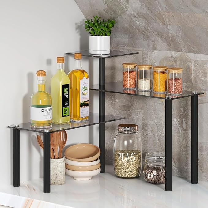 FAVOOSTY Kitchen Counter Shelf, 3 Tier Bathroom Countertop Organizer Moveable Corner Shelf, Tempered Glass Storage Shelf, Space Saving Makeup Organizer Spice Rack Plant Shelf Coffee Bar Dresser Table