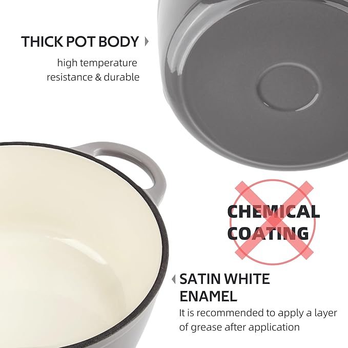 3 Quart Dutch Oven Enameled Cast Iron with Lid - Big Dual Handles - Oven Safe up to 500°F - Classic Round Pot for Versatile Cooking Light Gray