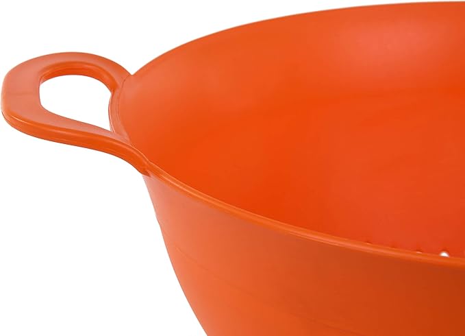 Mintra Home Plastic Strainer Colanders Set: 3, 3.5 and 5 Quart (Orange) Double Strong Handles and Deep Bowl, Safe BPA-Free - Use for Pasta, Noodles, Spaghetti, Vegetables (Assorted Sizes 3pk)