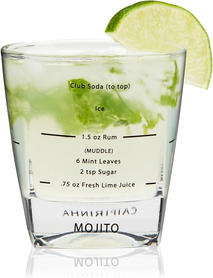 TRUE Cocktail Rocks Glasses with Recipes for Old Fashioned, Mojito, Mint Julep & Caipirinha, Old Fashioned Glasses, Bar Glassware, 8.5 oz, Set of 4