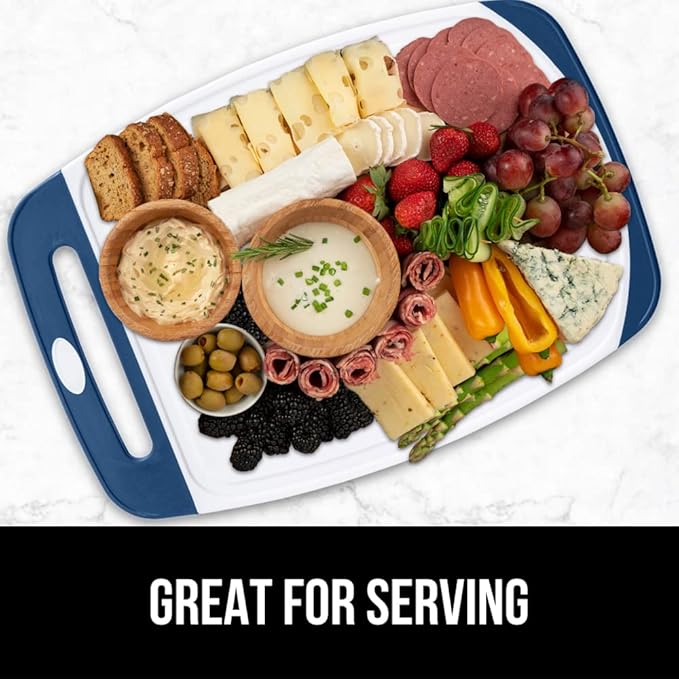 GORILLA GRIP BPA-Free Reversible Kitchen Cutting Board Set of 3, US Designed, Nonporous, Juice Grooves Catch Liquid, Slip Resistant Border, Dishwasher Safe Large Food Chopping Boards, Red Blue Green