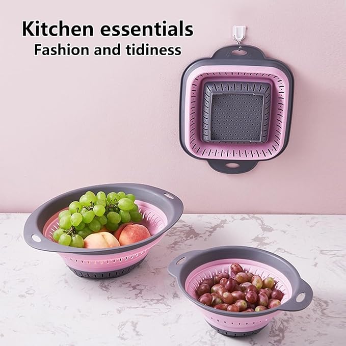 Collapsible Colander and Strainer,Silicone Strainer Colanders & Food Strainers,for Vegetable and Fruit, Kitchen Essentials (3, Pink, 1.3L+2.1L+2.5L)