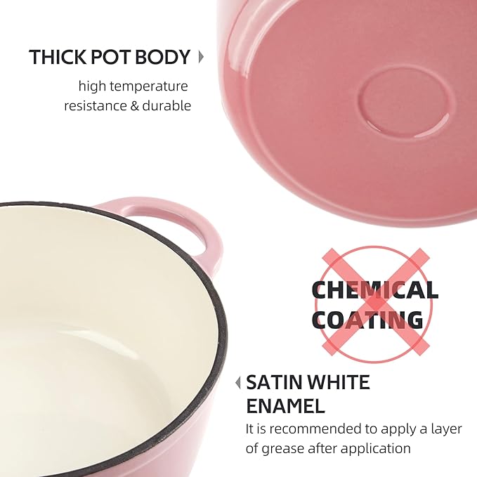 6 Quart Dutch Oven Enameled Cast Iron with Lid - Big Dual Handles - Oven Safe up to 500°F - Classic Round Pot for Versatile Cooking (Pink, 6 QT)