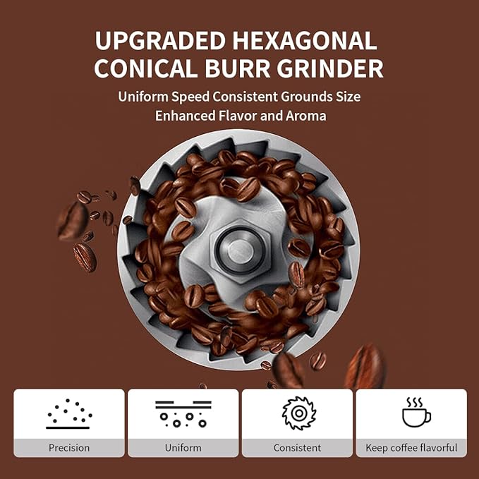 Stainless Steel Burr Coffee Grinder with 51 Grind Settings，Grind Timer,Electric Coffee Grinder for Espresso/Drip/Pour Over/Cold Brew/French Press Coffee Maker，120V/165W