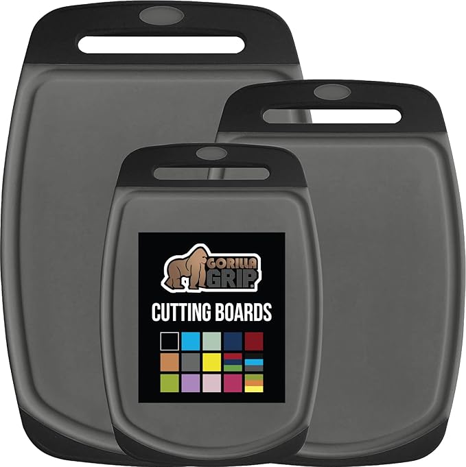 GORILLA GRIP BPA-Free Reversible Kitchen Cutting Board Set of 3, US Designed, Nonporous, Juice Grooves Catch Liquid, Slip Resistant Border, Dishwasher Safe, Durable Food Chopping Boards, Black Gray