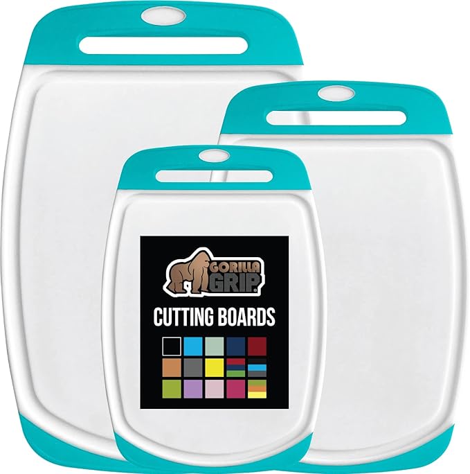 GORILLA GRIP BPA-Free Reversible Kitchen Cutting Board Set of 3, US Designed, Nonporous, Juice Grooves Catch Liquid, Slip Resistant Border, Dishwasher Safe Durable Large Food Chopping Boards Turquoise
