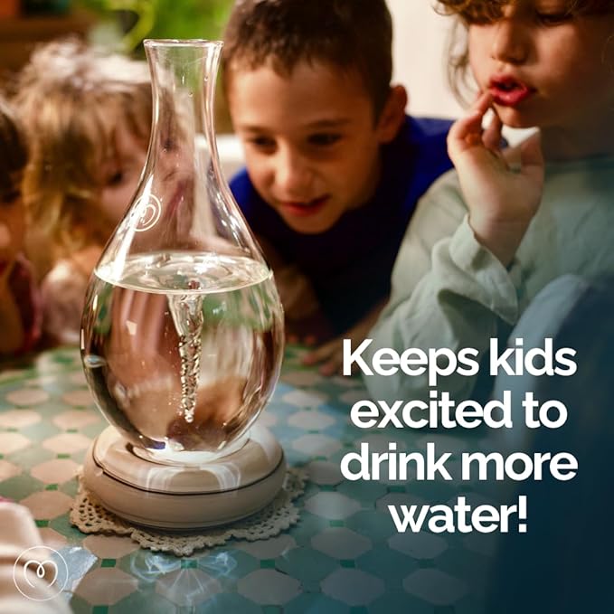 MAYU Swirl Structured Water Pitcher - Handblown Glass Carafe 1.5 Liter Design Jug - Dispenser Stand with Innovative Vortex Technology - Great for Reverse Osmosis Filter Users |51 Oz (Onyx Base)