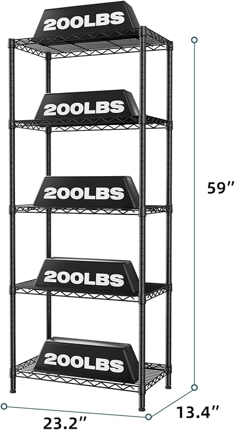 SINGAYE 5 Tier Storage Shelves Wire Shelving Unit Shelve Metal Kitchen Laundry Room Organization Home Pantry Closet Bathroom Organizers Garage Rack Estantes para Cocina 14" D x 24" W x 59.5" H Black