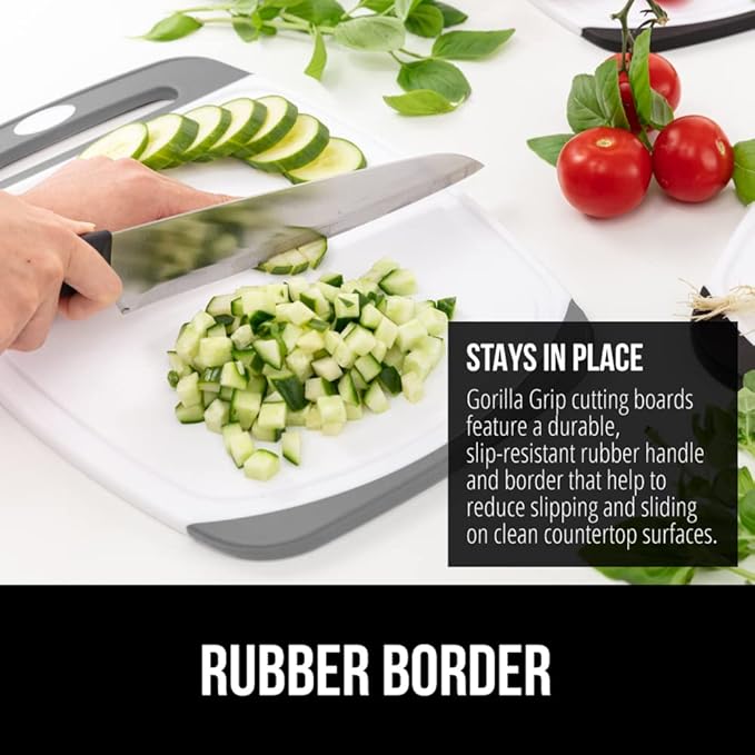 GORILLA GRIP 100% BPA-Free Reversible Kitchen Cutting Board Set of 3, Nonporous, Juice Grooves to Catch Liquid, Slip Resistant Handle Border, Dishwasher Safe, Durable Large Food Chopping Boards, Gray